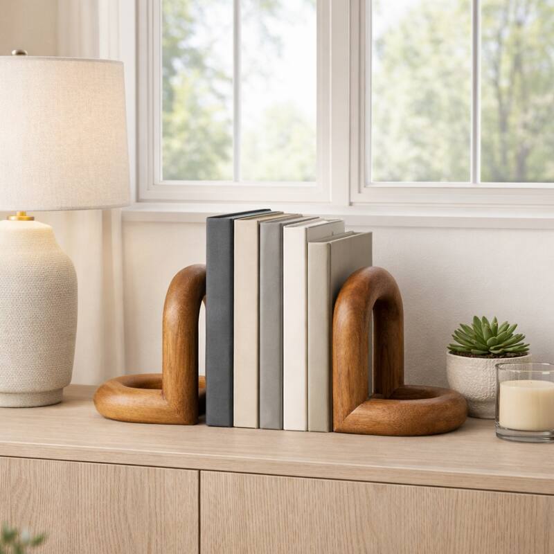 Looped Wooden Book Ends for Desk and Home Decor - Set of 2, 7" - 7.25"
