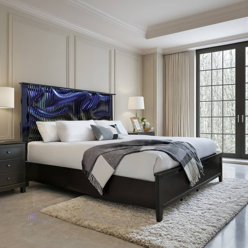 Bergen Wave Headboard with LED Lights Platform Bed by iNSPIRE Q Modern