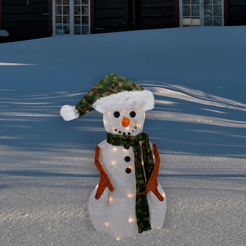 24" Lighted White and Green Chenille Snowman Outdoor Christmas Decoration