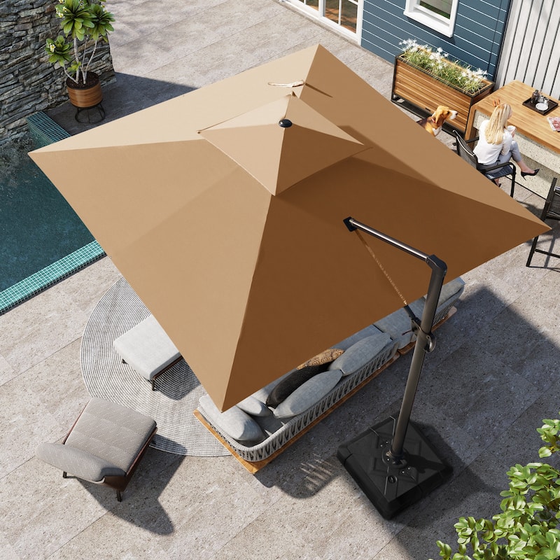 11' Patio Cantilever Offset Umbrella 360 degrees Rotation Square Double Canopy - Tan
