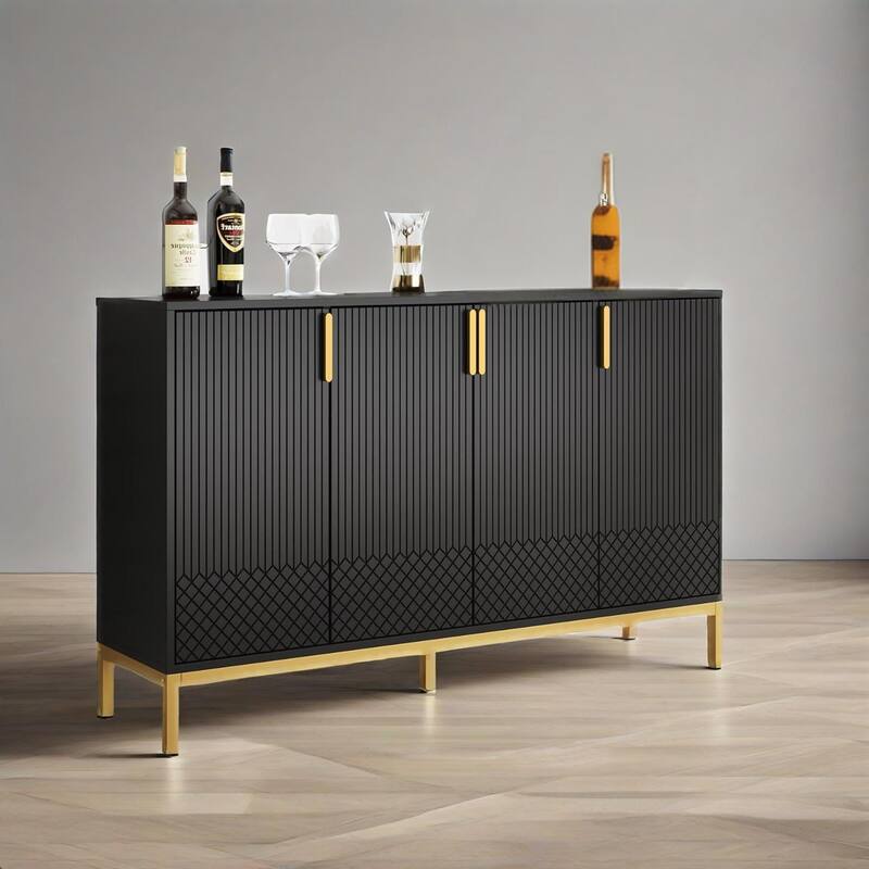 Modern MDF Buffet Sideboard Cabinet with 4 Doors and Metal Legs for Kitchen Dining or Living Room - 59"L x 13.7" W x 35.5" H
