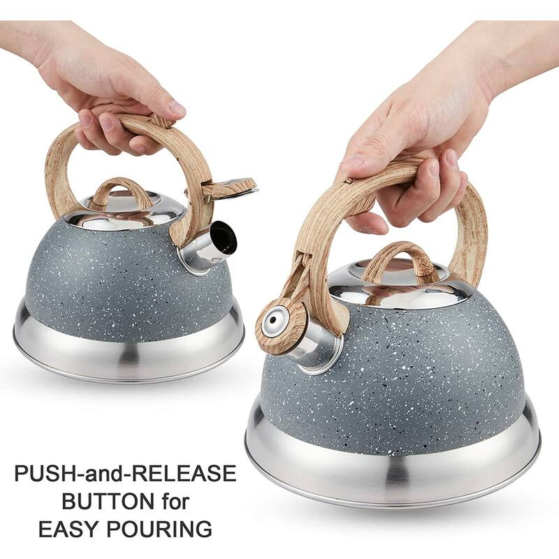 Creative Home 2.3 Qt. Stainless Steel Whistling Tea Kettle with Ergonomic Wood Rubber Touching Handle, Opaque Gray with Speckle