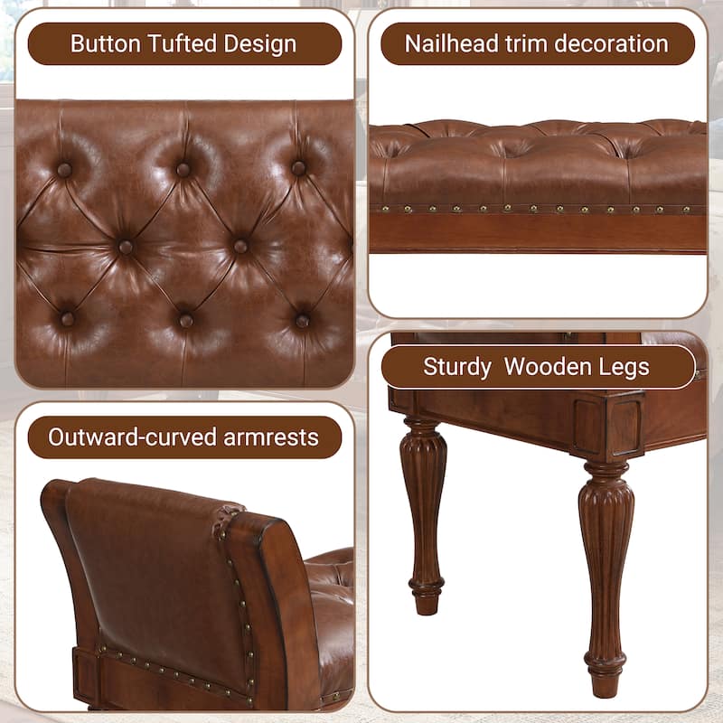 Christopher Knight Home - Mid-Century Classic Sleek Button-Tufted PU Leather Upholstered End-of-Bed Bench with Rolled Arms