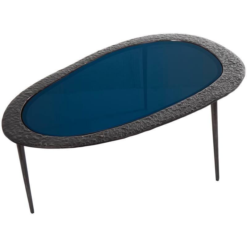 Black Aluminum Metal Abstract Oval Shaped Accent Table with Shaded Glass Top