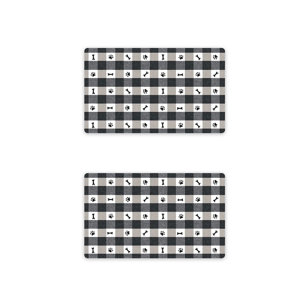 Abode Homewares Pet Paws Check Melamine Pet Feeding Placemat - 19" x 11.5" - Black - Set of 2