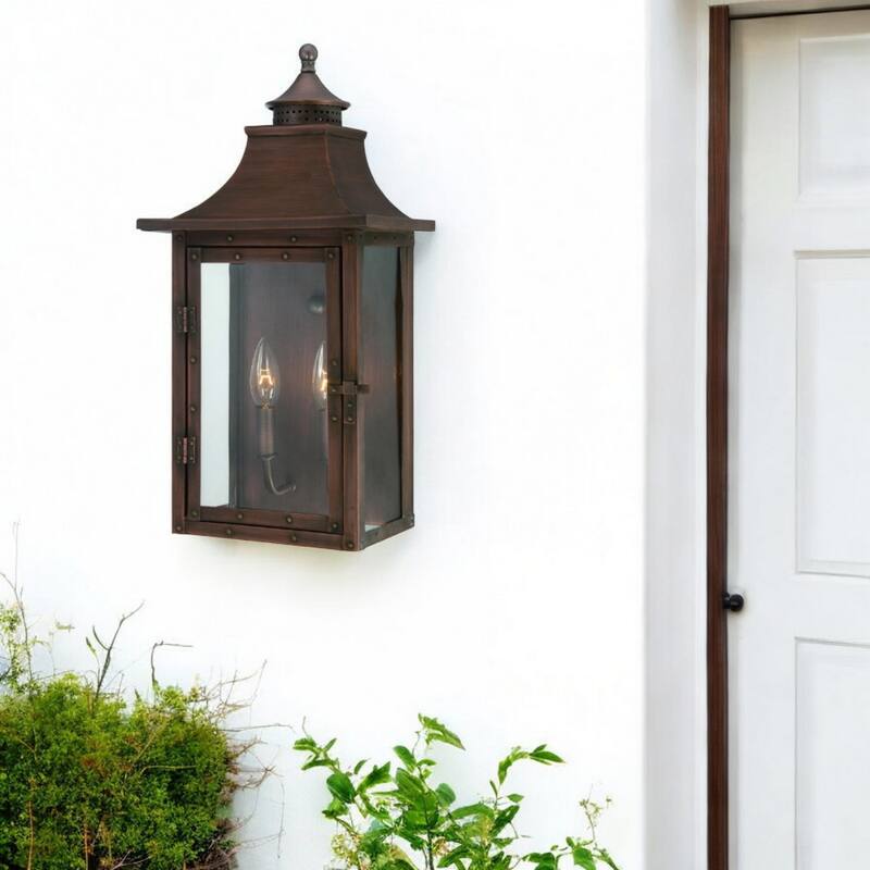 2-Light Patina Wall Light Gas Lantern Style Clear Glass - 7” x 10” x 19.75” - Copper
