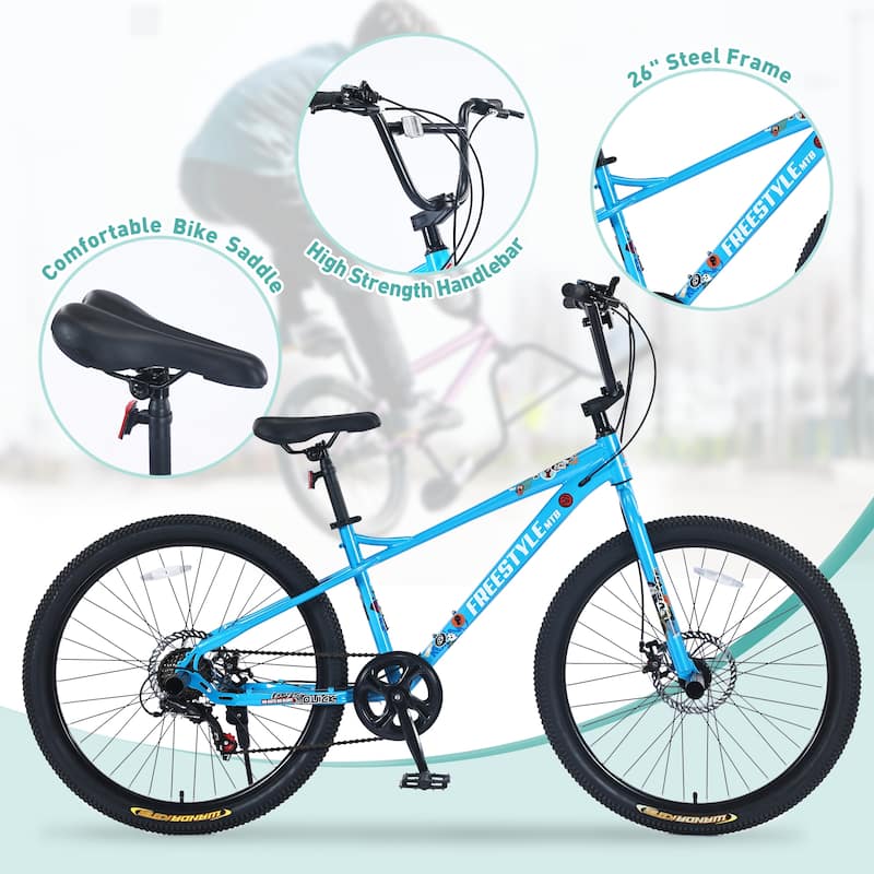 Freestyle Kids Mountain Bike, 26-inch, Shimano 7-Speed, Double Disc Brakes, Purple Bicycle for Boys & Girls 12+ Years