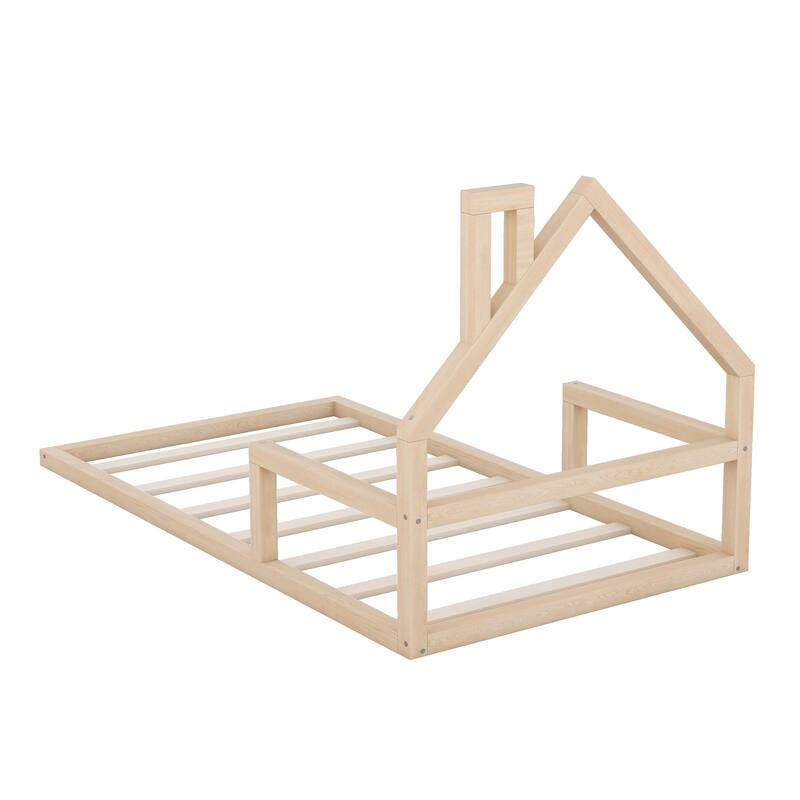 Twin Size Floor Bed with House-shaped Headboard in Natural Finish