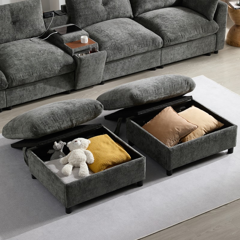 Modular Sectional Sofa With Movable Storage Ottoman And Console,Cup Holder,U Shaped Couch,Chenille Sofa With Usb Charger