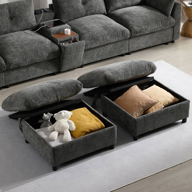 Roomfitters 136'' Modular U-Shaped Sectional Sofa with Console, Cup Holder, USB, Storage Ottoman, Chenille