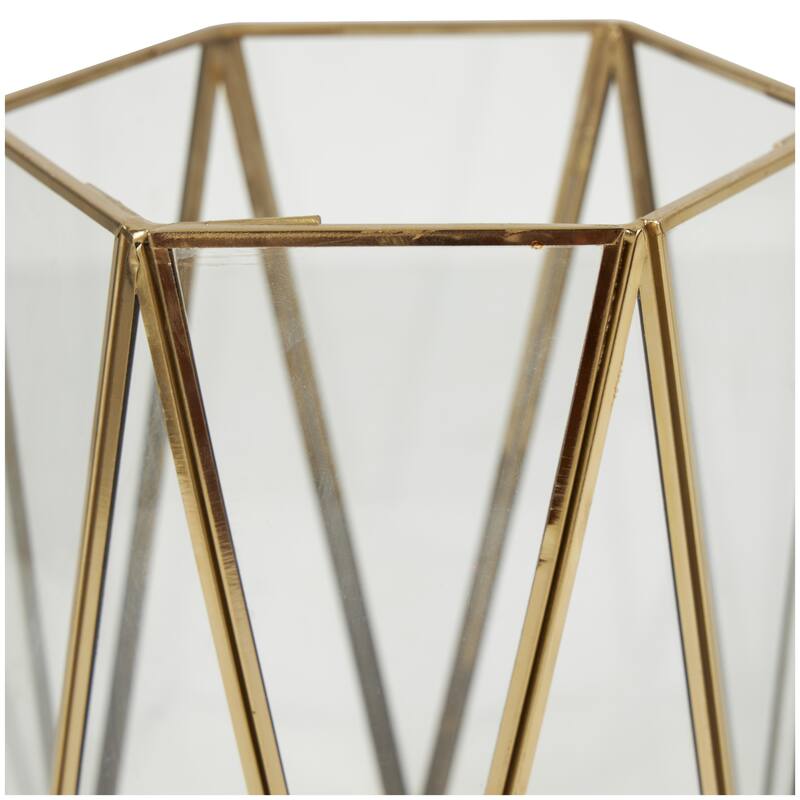 Metal Geometric Triangle Patterned Hexagon Indoor Outdoor Candle Lantern - Set of 3 Gold - CosmoLiving by Cosmopolitan