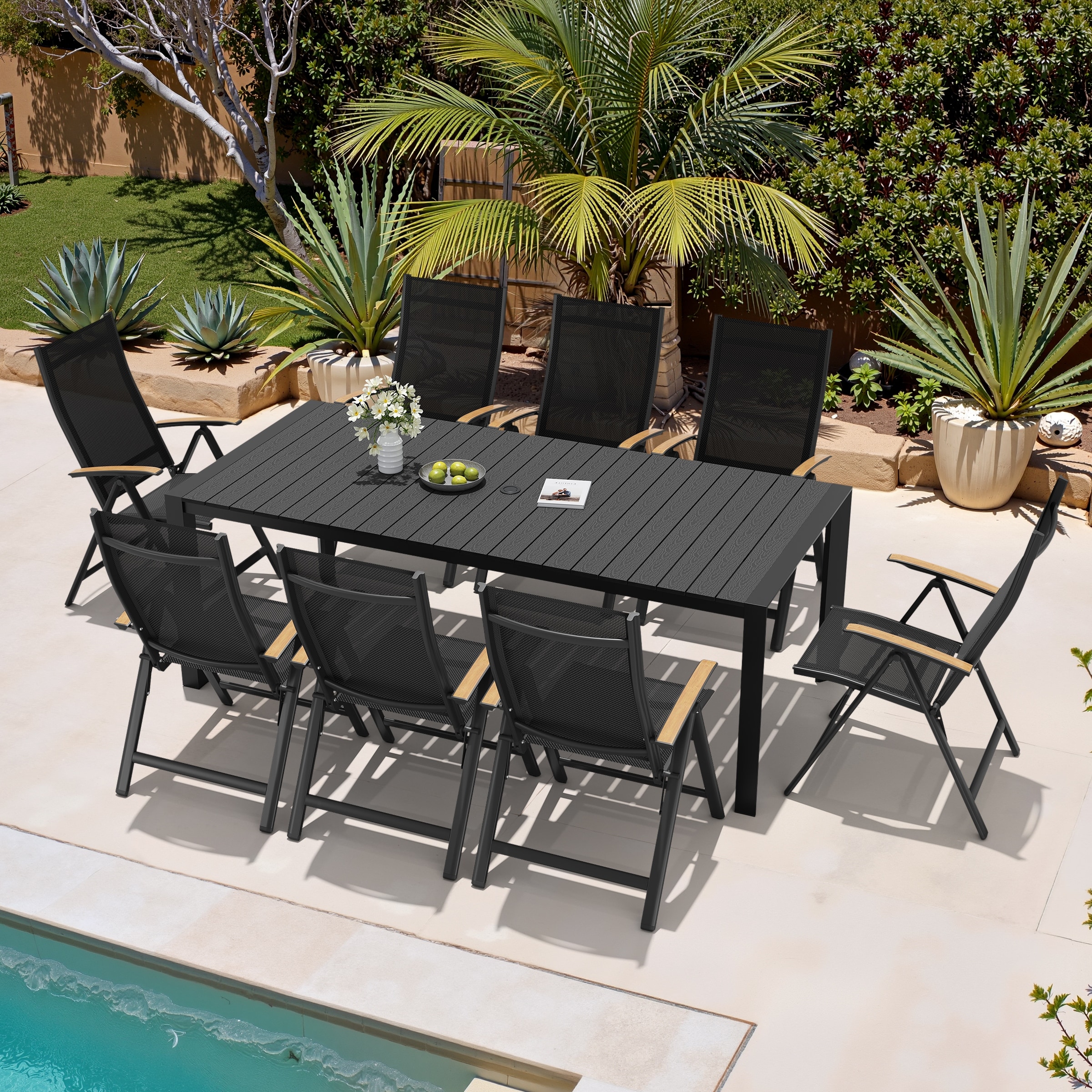 9-Piece Outdoor Patio Dining Set Wood Like Table Top Aluminum Rectangular Umbrella Hole Table with Folding Armrest Chairs