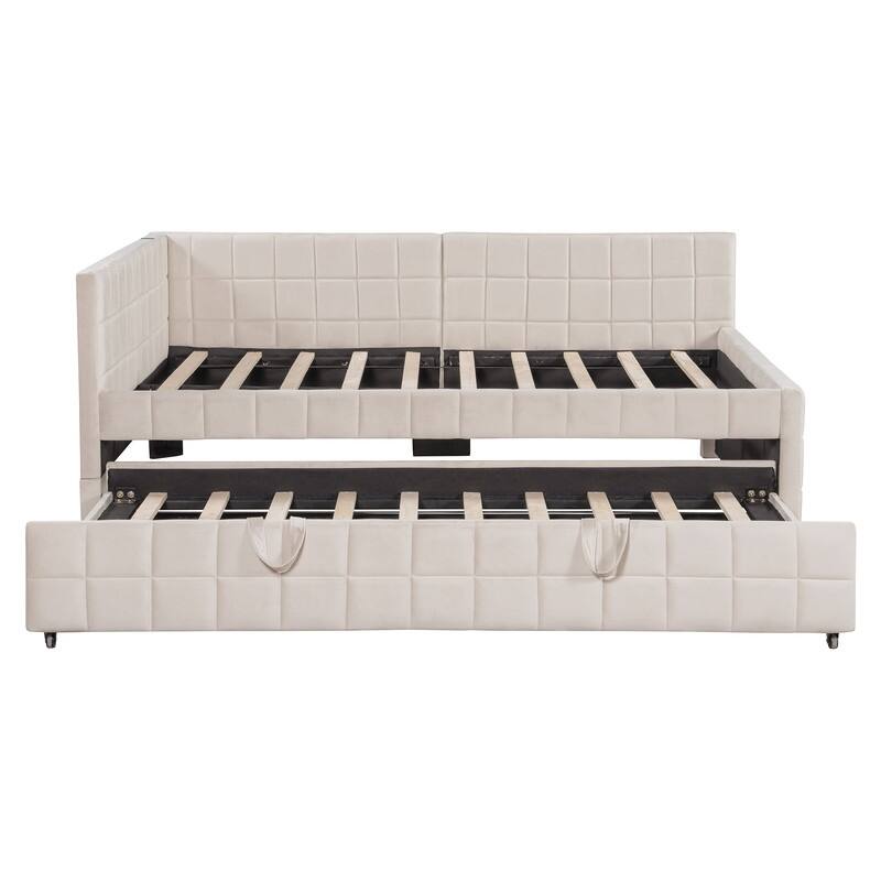 Full Size L-Shaped Upholstered Daybed with Twin Size Pop Up Trundle and USB ports