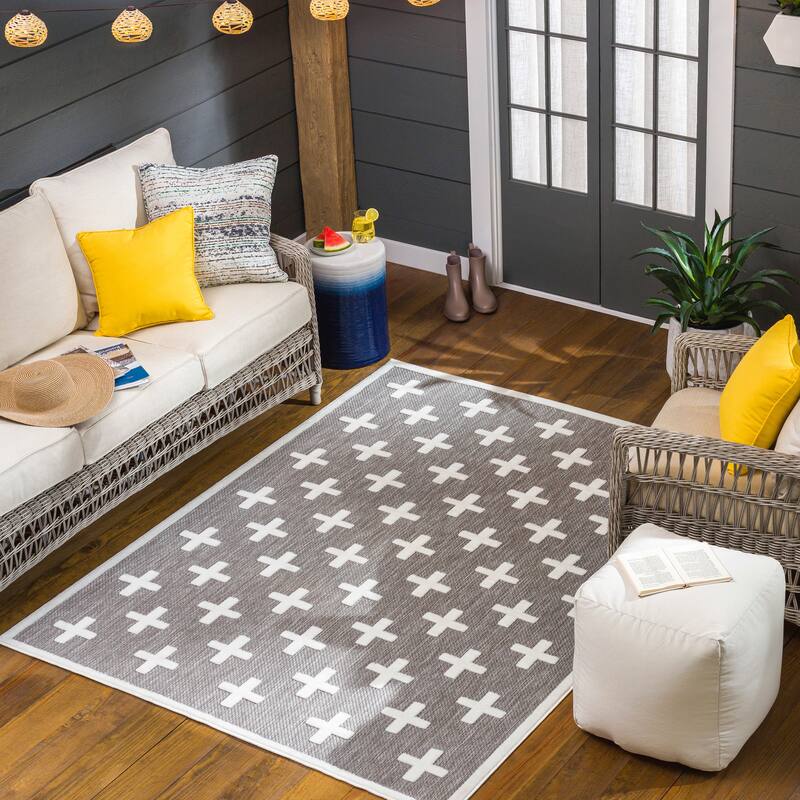 Livabliss San Diego Outdoor Safe Casual Geometric Area Rug - 6'7" x 9' - Taupe/Ivory