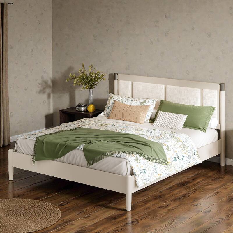 Solid Wood Platform Bed with Upholstered Headboard and Metal Handles, Heavy Duty 500 lbs Support, No Box Spring