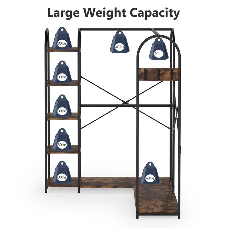 L Shape Clothes Rack, Corner Garment Rack with Storage Shelves and Hanging Rods, Large Open Wardrobe Closet for Bedroom