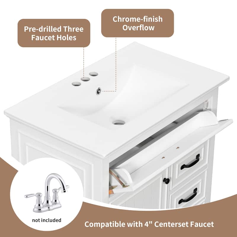30 Inch Bathroom Vanity with Ceramic Sink Top, Flip Drawers, Freestanding Storage Cabinet (Faucet Not Included)
