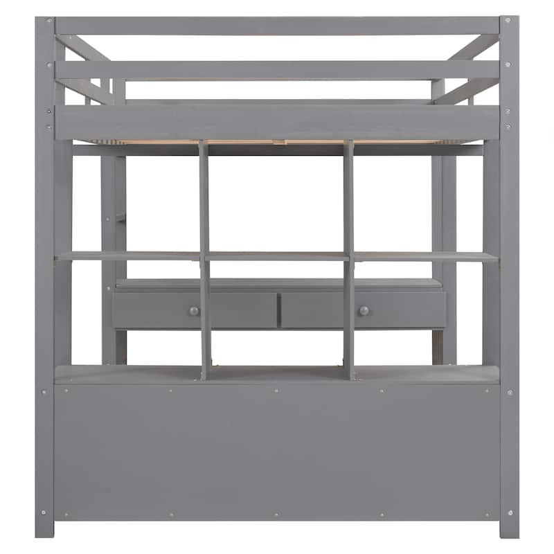 Full Size Pine Wood Loft Bed with Built-in Desk, Drawers, and Storage