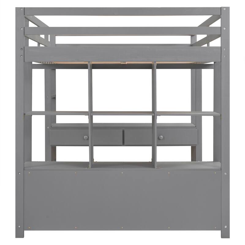 Pine Wood Loft Bed with Built-in Desk with Two Drawers, and Storage Shelves and Drawers