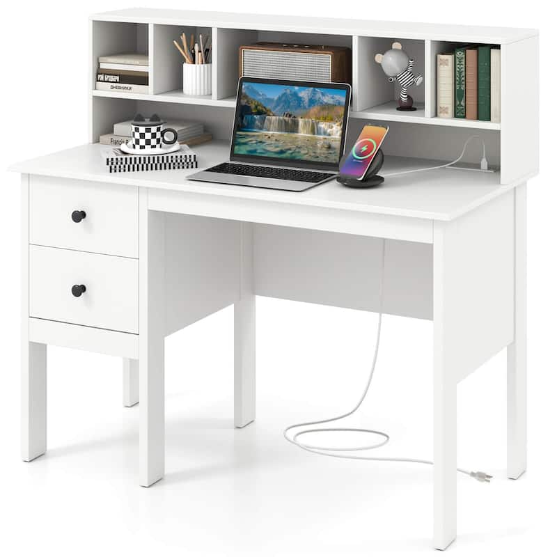 Costway 48" Computer Desk with Power Outlets Type-C 5-Cubby Hutch & 2