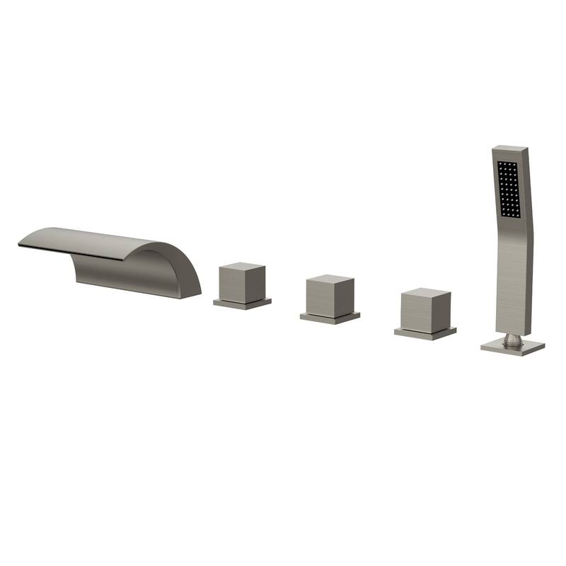 5-Hole 3-Handle Deck-Mount Waterfall Tub Faucet with Hand Shower,Waterfall Spout Bathtub Faucet - White