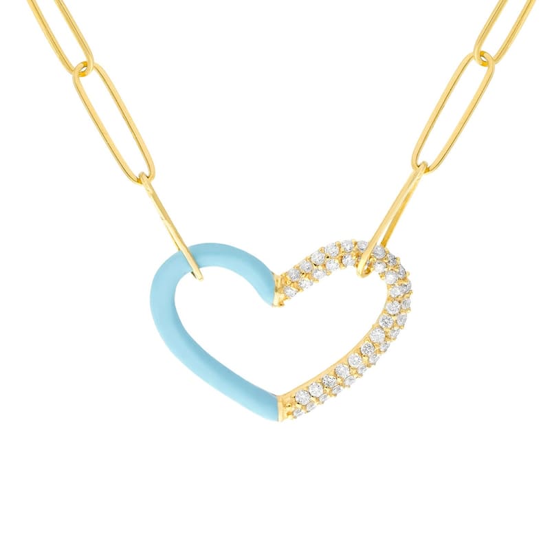 Marquee Jewels 14K Solid Yellow Gold 50/50 Turquoise Enamel Diamond Heart Necklace