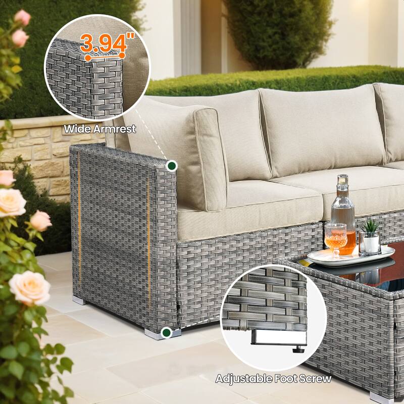 HOOOWOOO 8-piece Grey Wicker Patio Furniture Set Sectional Sofa with Fire Pit Table