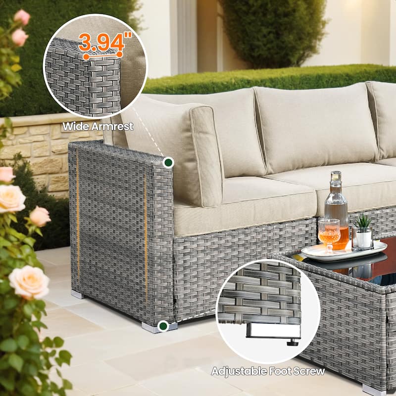 HOOOWOOO 9-piece Grey Wicker Patio Outdoor Sectional Set with Swivel Rocking Chair