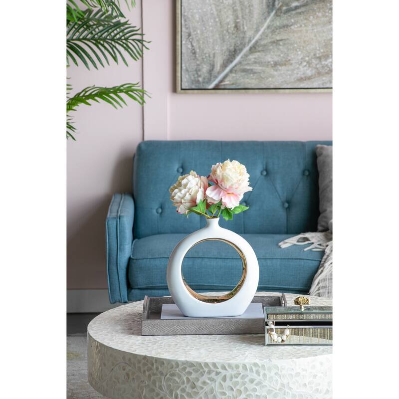 11x3.1x12" Round Ceramic Vase with Gold Accent Modern Home Decor