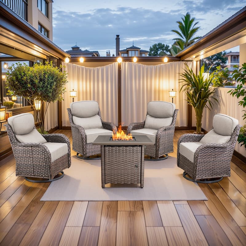 Pocassy Outdoor 6" Swivel Chairs with Fire Pit Table - 5 Pieces Swivel Chair with Fire Table - Brown Wicker Beige Cushion