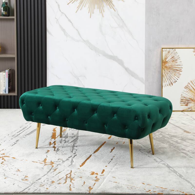 Velvet Button Tufted Bench with Gold Metal Legs