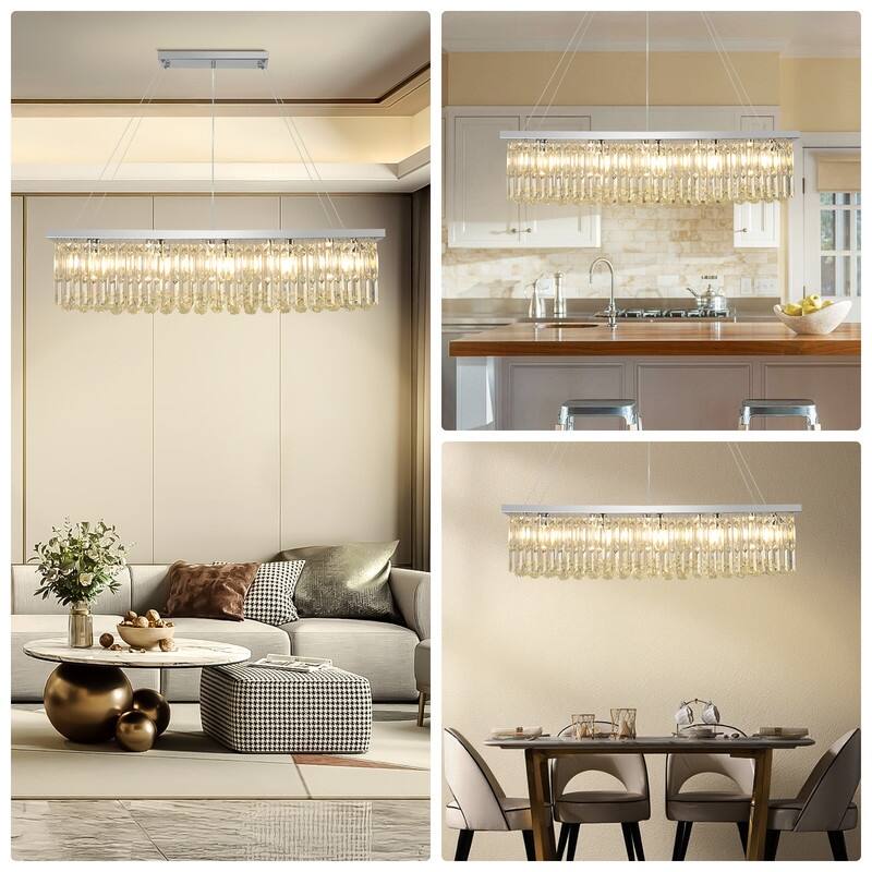 6 lights Rectangle Crystal Chandeliers for Dining Room, 39" Large Linear Water Ripple Glass Island Light Fixture
