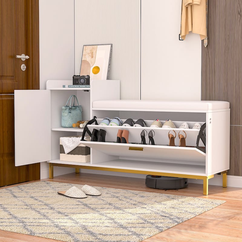 Entryway Shoe Cabinet Shoe Storage Bench with Padded Seat, Shoe Rack for Hallway, Bedroom, Living Room - White