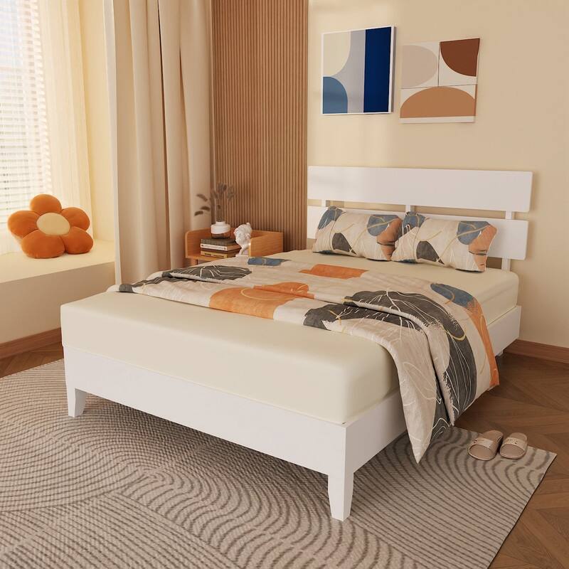 Modern Brown Solid Wood Platform Bed Frame with Headboard - Full - White