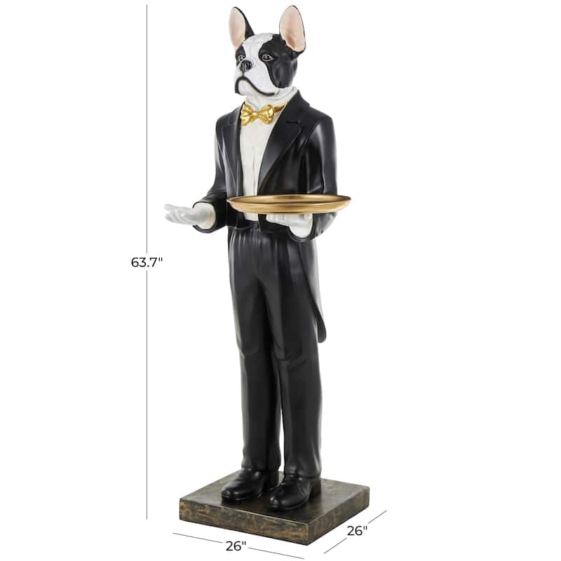 White Resin Floor Waiter Dog Decorative Sculpture with Gold Bow Tie and Plate - 26"W x 26"L x 64"H