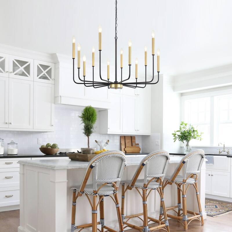 12-Light Rustic Candle Style Hanging Linear Chandelier Lighting for Kitchen Island