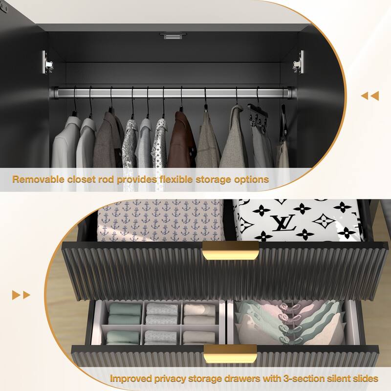 Gymojoy 2 Door Armoire Wardrobe Closet with Drawers, Modern Fluted Bedroom Storage Cabinet