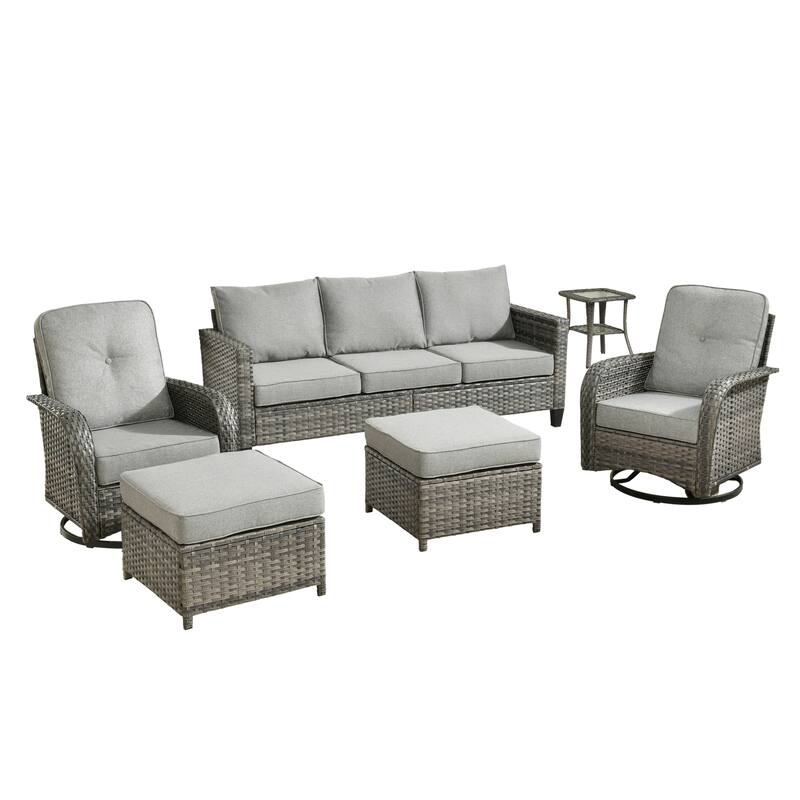 HOOOWOOO 6-piece Grey Wicker Outdoor Swivel Rocking Chair Set for Patio