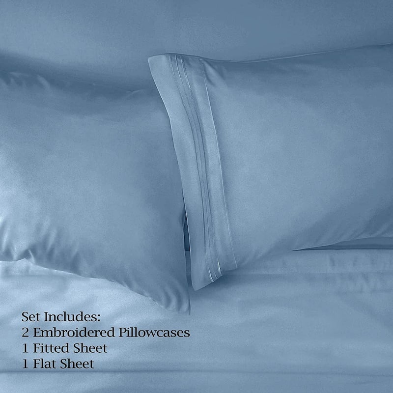 4 PC Denim Blue Sheet Set 2000 Embroidery Soft Cozy 12" Deep Pocket