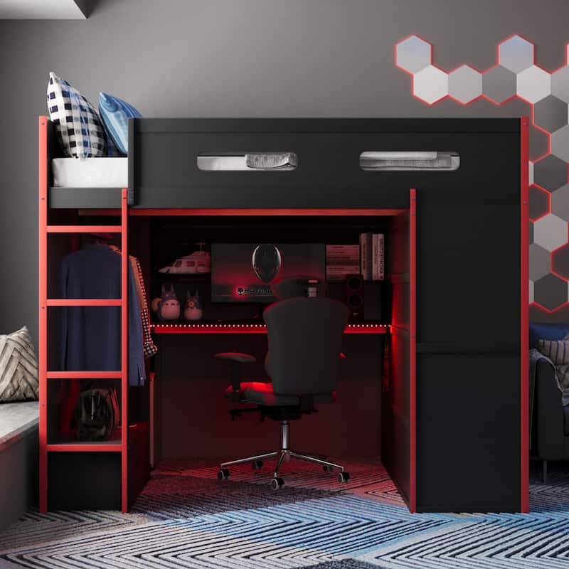 Ultimate Gamer’s Loft Bed with Desk, Storage, and RGB LED Lights by Harper&Bright Designs - Red