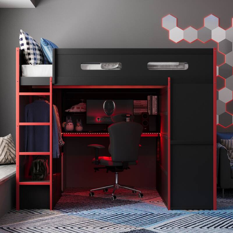 Wooden Full Size Loft Bed, LED Gaming Loft Bed Frame with Built In Desk, Full Size High Loft Bed Frame with Wardrobe and Drawers