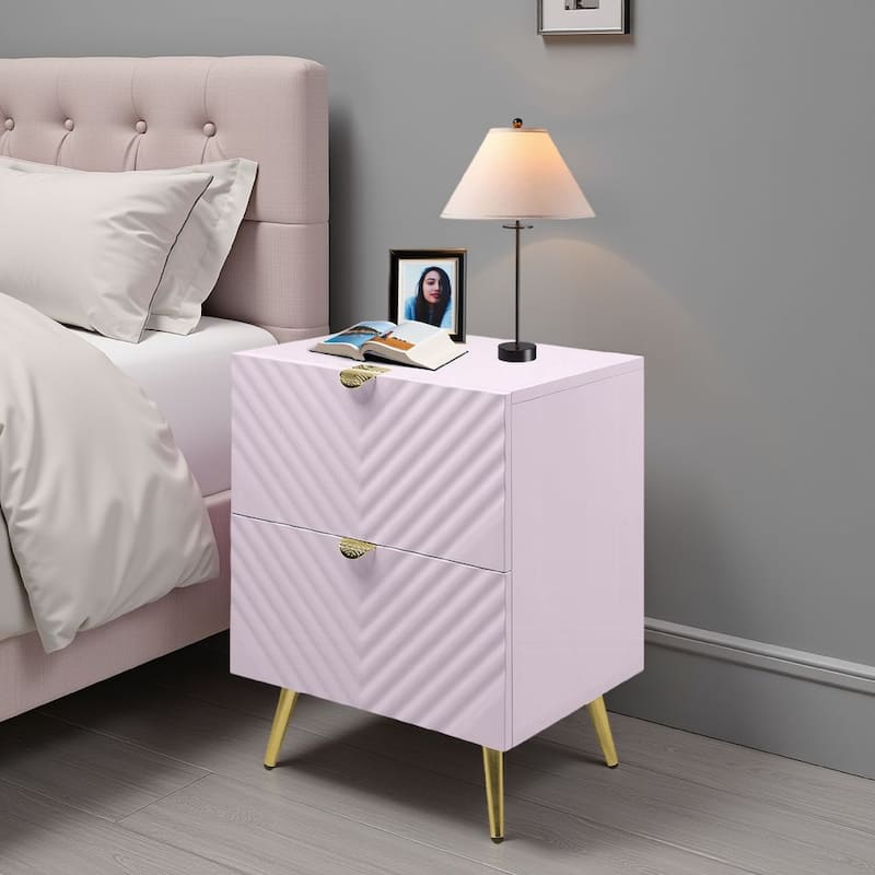 Tyra Nightstand, Geometric 2 Drawers, Gold Metal, 25 Inch Pink Wood