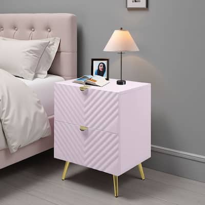 Tyra Nightstand, Geometric 2 Drawers, Gold Metal, 25 Inch Pink Wood