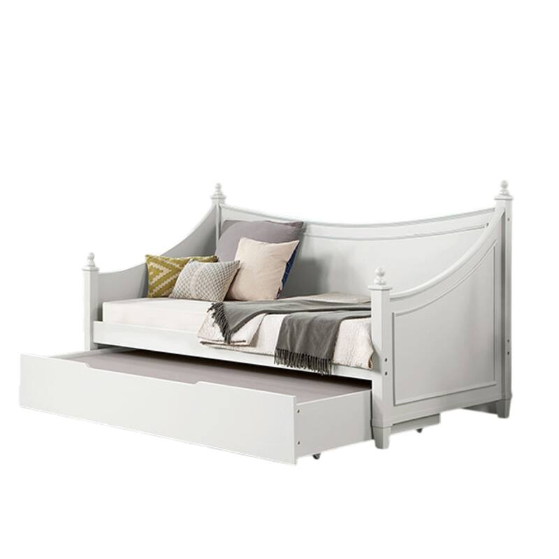 Kiki Twin Size Daybed w Trundle, Molded Details White Solid Wood