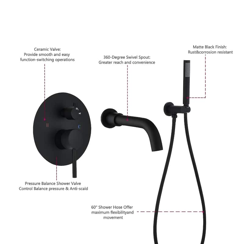 PROOX Bathroom Wall Mount Tub Filler Single Handle Bathtub Faucet with Diverter Handheld Shower