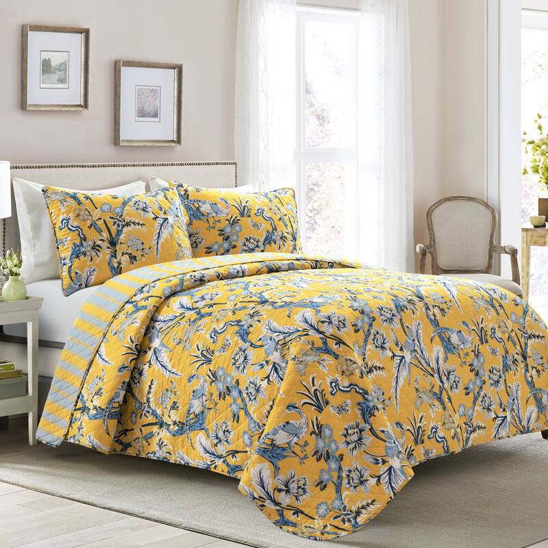 Lush Decor Dolores 3 Piece Cotton Quilt Set - Yellow & Blue - Queen