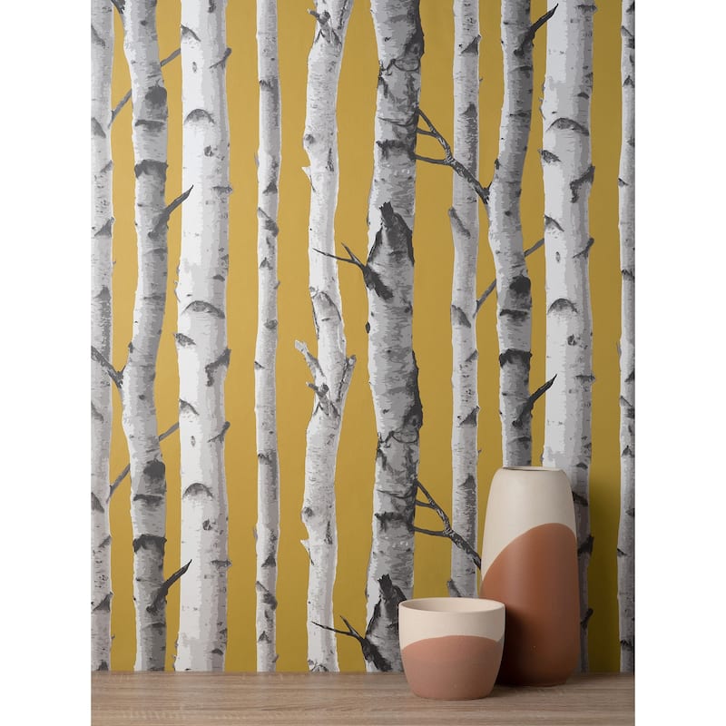 Fine Decor Chester Mustard Birch Trees Wallpaper