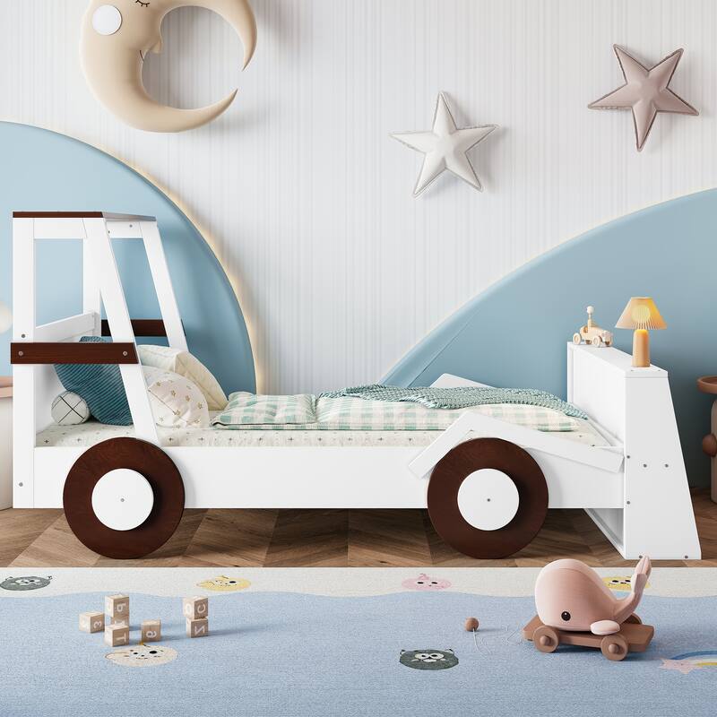 Twin Size Car Bed with Storage Shelves - Kids Platform Bed, Cute Car Shape, Childlike Design