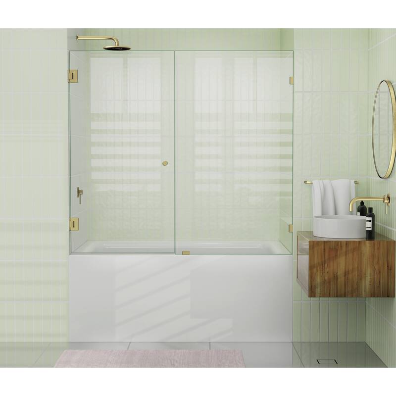 Glass Warehouse 58.25" x 57.75" Frameless Shower Bath Door - Wall Hinge - Satin Brass