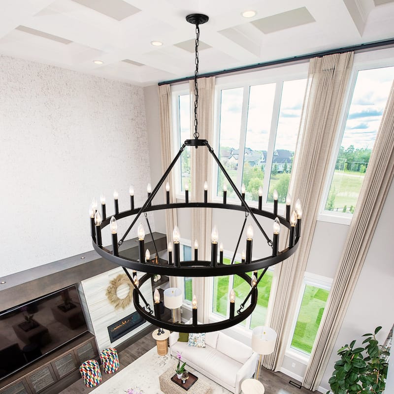 Farmhouse Industrial Style Ceiling Light, 2-Tier 36-Light Wagon Wheel Chandelier, for High-Ceilinged Living Rooms Dining Rooms